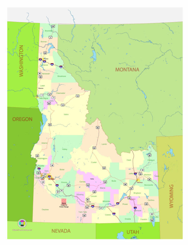 Free Vector map of the state of Idaho, USA, main roads with numbers, colored counties with names.