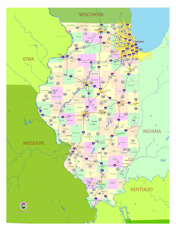 Free Vector map of the state of Illinois, USA, main roads with numbers, colored counties with names.