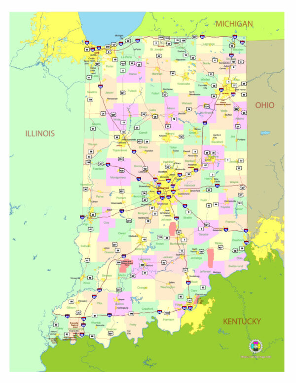 Free Vector map of the state of Indiana, USA, main roads with numbers, colored counties with names.