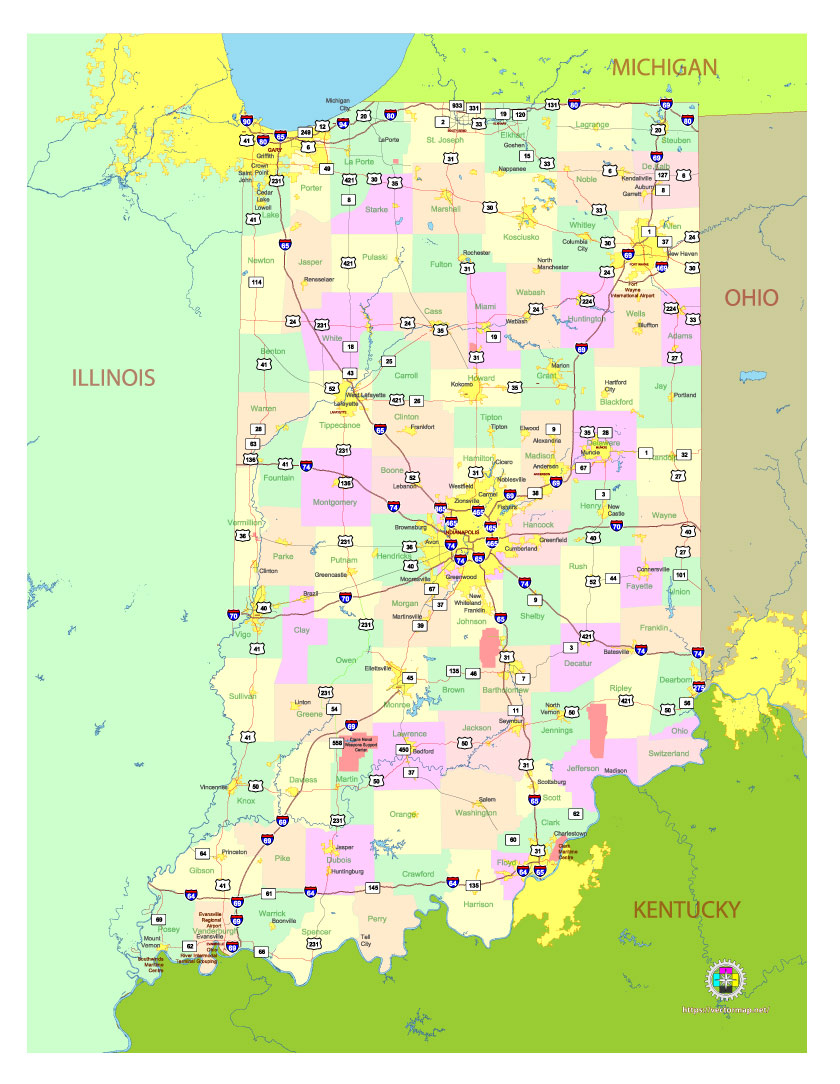 Free Vector map of the state of Indiana, USA, main roads with numbers, colored counties with names.