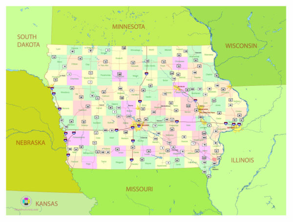 Free Vector map of the state of Iowa, USA, main roads with numbers, colored counties with names.