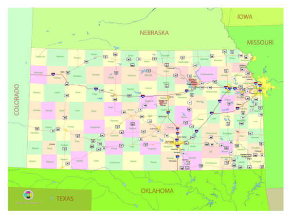 Free Vector map of the state of Kansas, USA, main roads with numbers, colored counties with names.