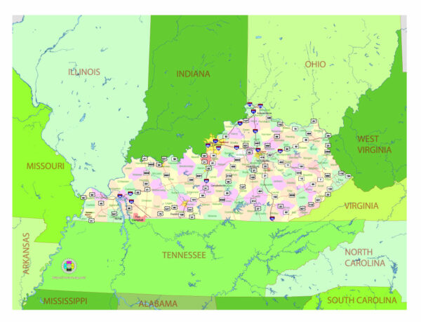 Free Vector map of the state of Kentucky, USA, main roads with numbers, colored counties with names.