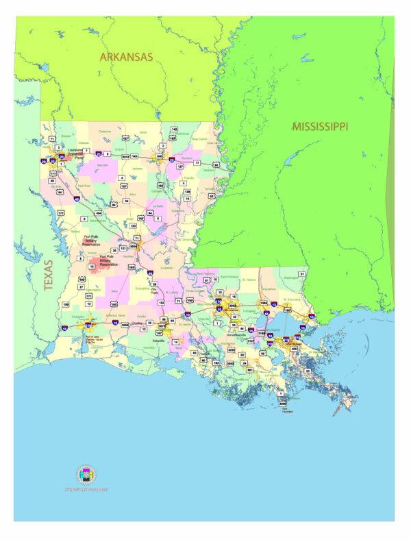 Free Vector map of the state of Louisiana, USA, main roads with numbers, colored counties with names.