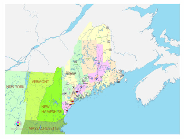 Free Vector map of the state of Maine, USA, main roads with numbers, colored counties with names.