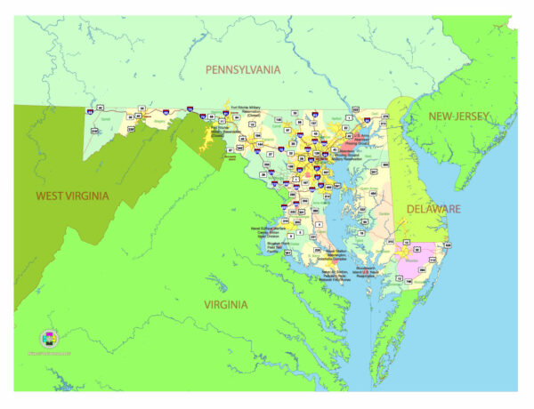 Free Vector map of the state of Maryland, USA, main roads with numbers, colored counties with names.