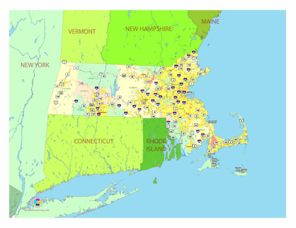 Free Vector map of the state of Massachusetts, USA, main roads with numbers, colored counties with names.