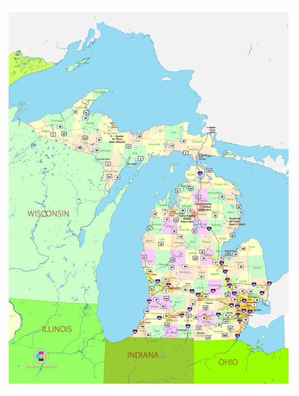 Free Vector map of the state of Michigan, USA, main roads with numbers, colored counties with names.