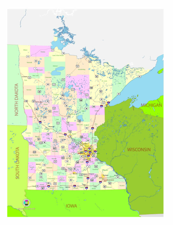 Free Vector map of the state of Minnesota, USA, main roads with numbers, colored counties with names.