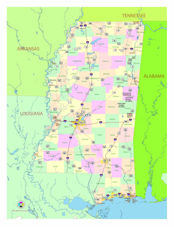 Free Vector map of the state of Mississippi, USA, main roads with numbers, colored counties with names.
