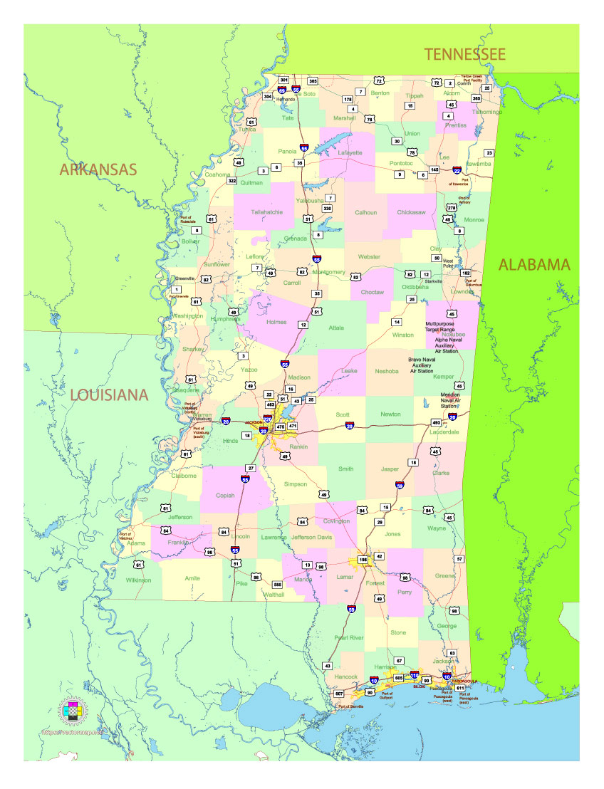 Free Vector map of the state of Mississippi, USA, main roads with numbers, colored counties with names.