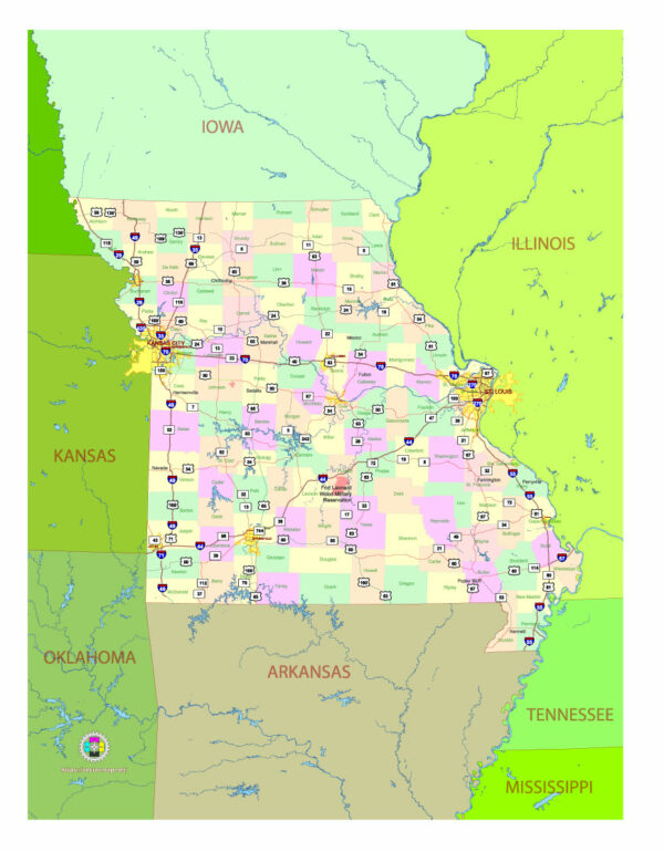 Free Vector map of the state of Missouri, USA, main roads with numbers, colored counties with names.