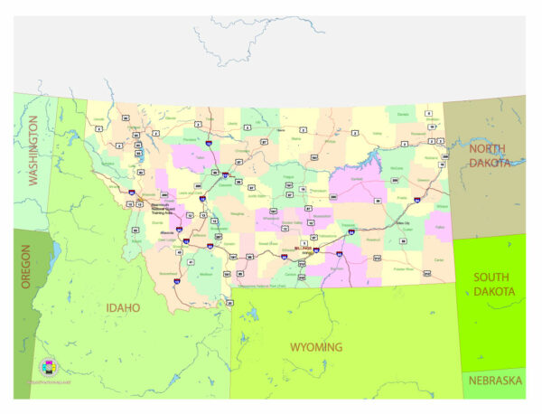 Free Vector map of the state of Montana, USA, main roads with numbers, colored counties with names.
