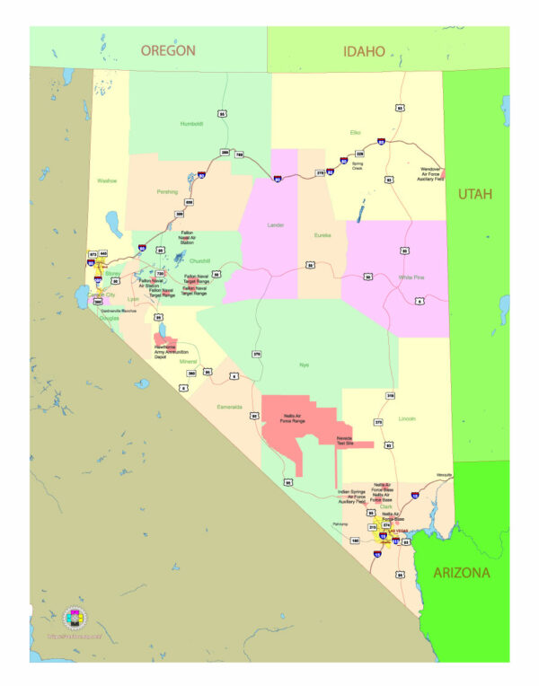 Free Vector map of the state of Nevada, USA, main roads with numbers, colored counties with names.