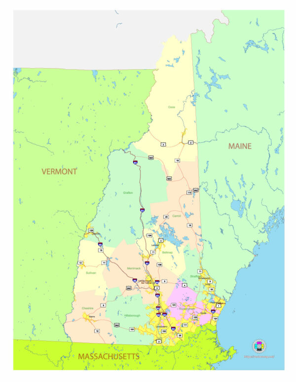 Map State of New Hampshire, USA, main roads with numbers, colored counties with names
