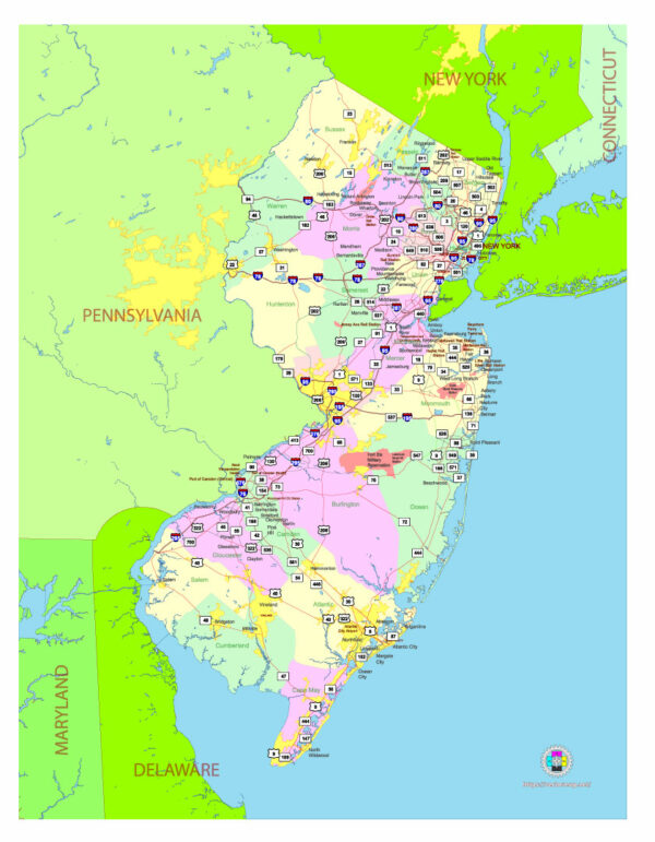 Free Vector map of the state of New Jersey, USA, main roads with numbers, colored counties with names.