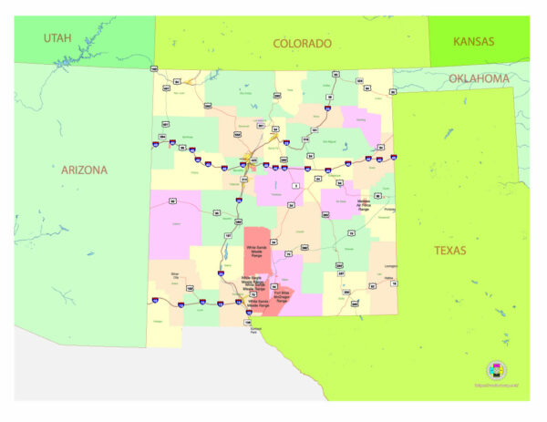 Free Vector map of the state of New Mexico, USA, main roads with numbers, colored counties with names.