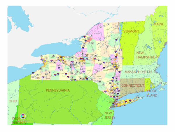 Free Vector map of the state of New York, USA, main roads with numbers, colored counties with names.