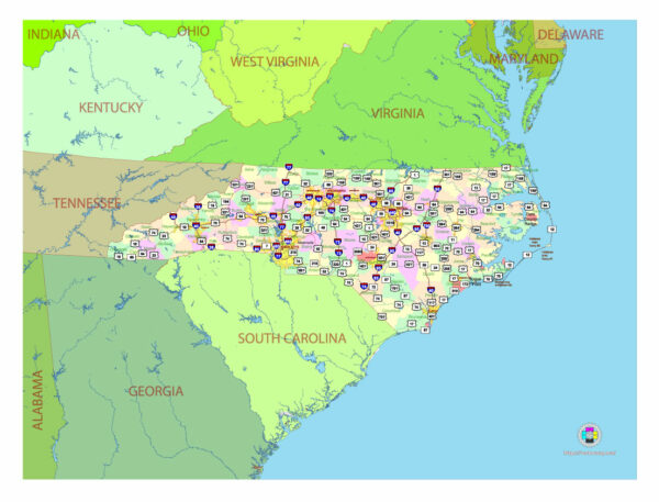 Free Vector map of the state of North Carolina, USA, main roads with numbers, colored counties with names.