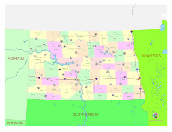 Free Vector map of the state of North Dakota, USA, main roads with numbers, colored counties with names.