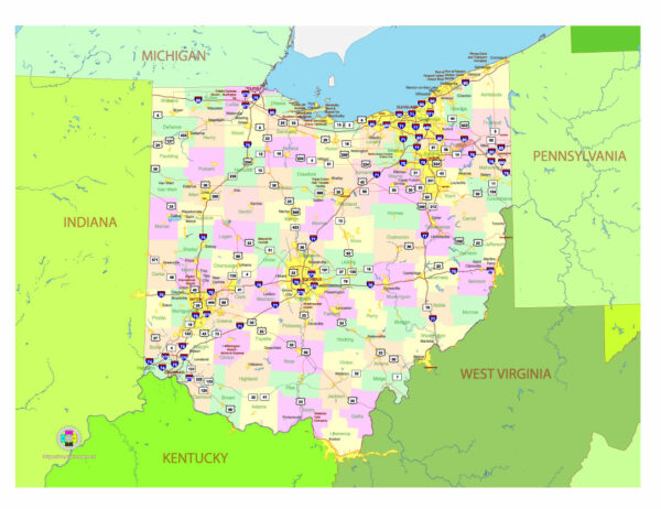 Free Vector map of the state of Ohio, USA, main roads with numbers, colored counties with names.