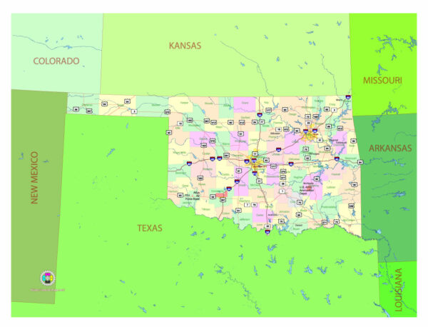 Free Vector map of the state of Oklahoma, USA, main roads with numbers, colored counties with names.