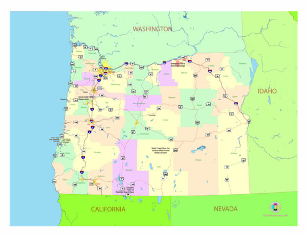 Free Vector map of the state of Oregon, USA, main roads with numbers, colored counties with names.