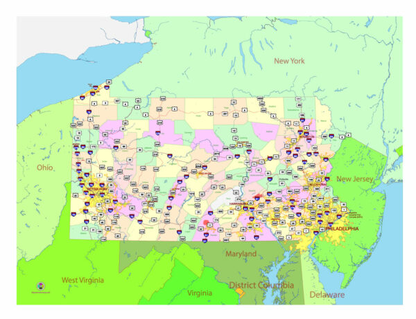 Free Vector map of the state of Pennsylvania, USA, main roads with numbers, colored counties with names.