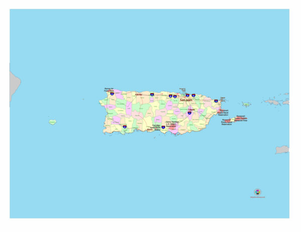 Free Vector map of the state of Puerto Rico, USA, main roads with numbers, colored counties with names.
