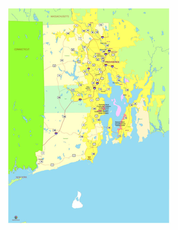 Free Vector map of the state of Rhode Island, USA, main roads with numbers, colored counties with names.