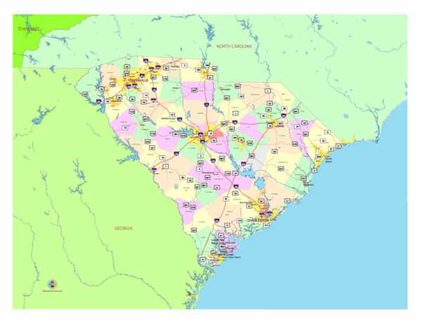 Free Vector map of the state of South Carolina, USA, main roads with numbers, colored counties with names.