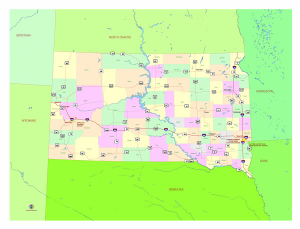 Free Vector map of the state of South Dakota, USA, main roads with numbers, colored counties with names.