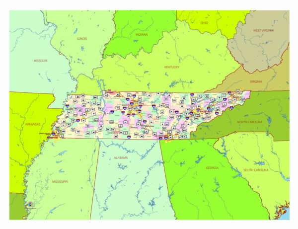 Free Vector map of the state of Tennessee, USA, main roads with numbers, colored counties with names.