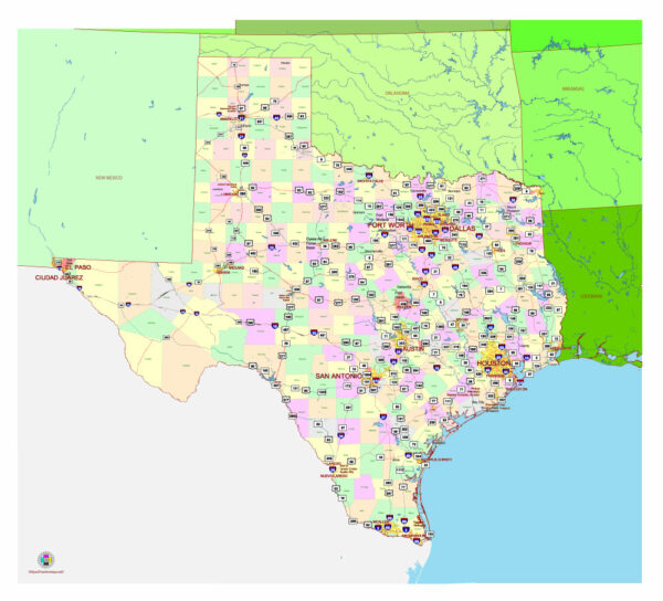 Free Vector map of the state of Texas, USA, main roads with numbers, colored counties with names.