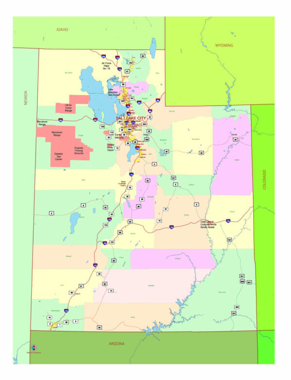 Free Vector map of the state of Utah, USA, main roads with numbers, colored counties with names.