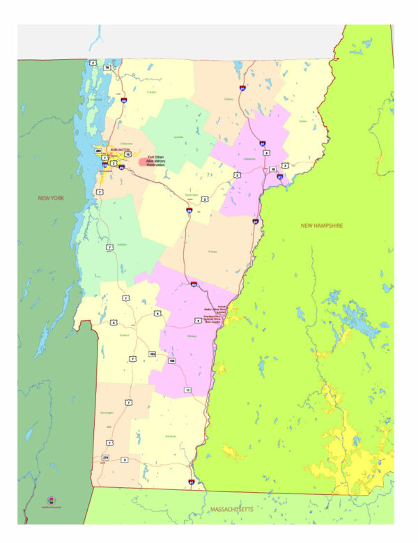 Free Vector map of the state of Vermont, USA, main roads with numbers, colored counties with names.
