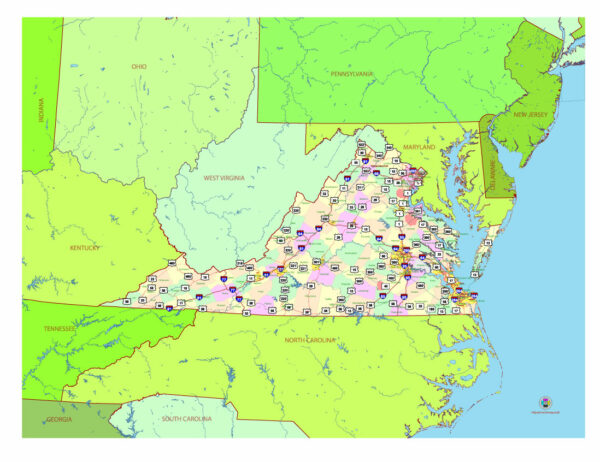 Free Vector map of the state of Virginia, USA, main roads with numbers, colored counties with names.