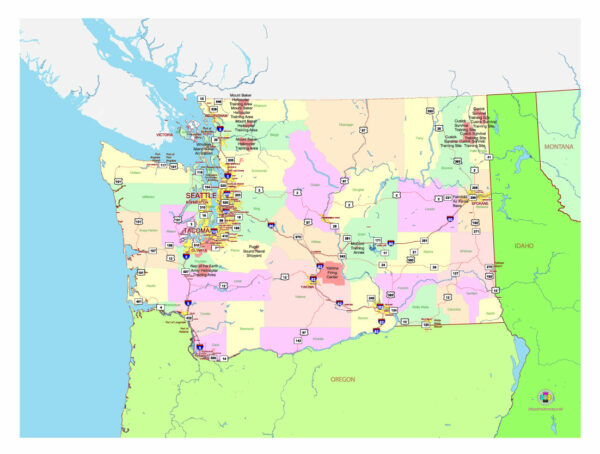 Free Vector map of the state of Washington, USA, main roads with numbers, colored counties with names.