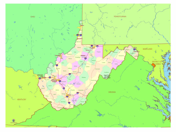 Free Vector map of the state of West Virginia, USA, main roads with numbers, colored counties with names.