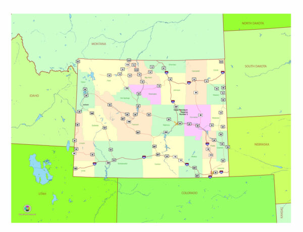 Free Vector map of the state of Wyoming, USA, main roads with numbers, colored counties with names.