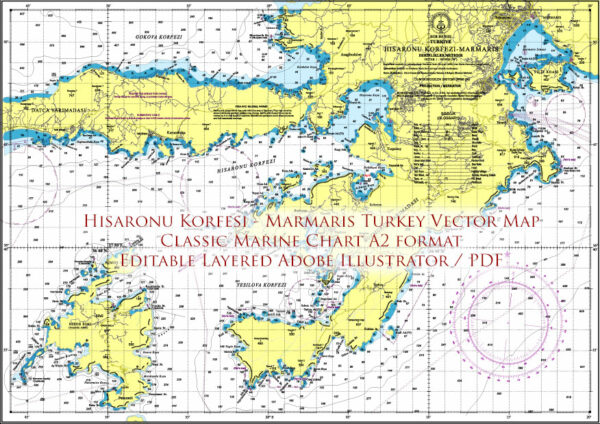 Marmaris area Marine chart West Part Turkey Vector Map high detailed editable layered Adobe Illustrator