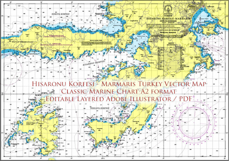Marmaris area Marine chart West Part Turkey Vector Map high detailed editable layered Adobe Illustrator