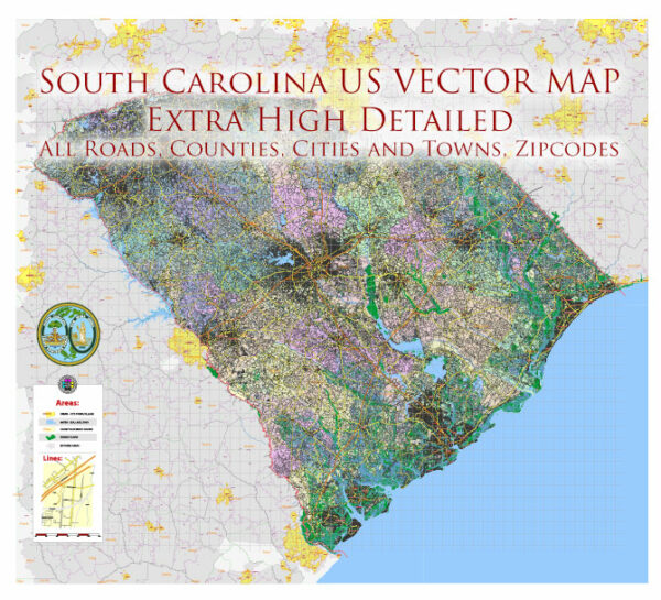 _South Carolina US Vector Map exact extra High Detailed: all Streets Roads Counties and Zipcodes fully editable Adobe Illustrator