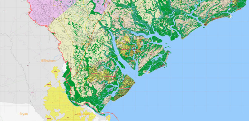 _South Carolina US Vector Map exact extra High Detailed: all Streets Roads Counties and Zipcodes fully editable Adobe Illustrator
