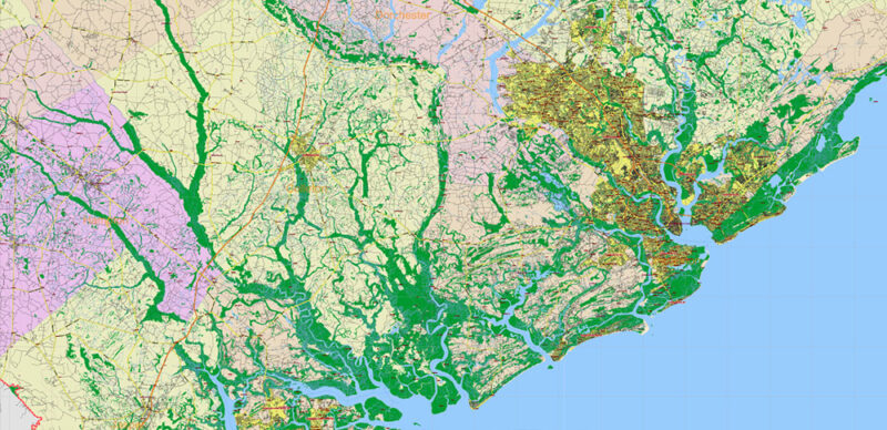 _South Carolina US Vector Map exact extra High Detailed: all Streets Roads Counties and Zipcodes fully editable Adobe Illustrator