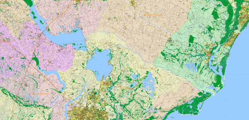 _South Carolina US Vector Map exact extra High Detailed: all Streets Roads Counties and Zipcodes fully editable Adobe Illustrator