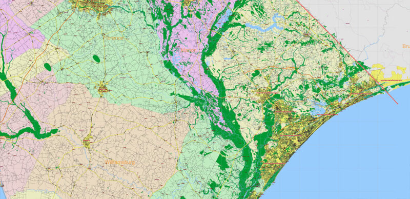 _South Carolina US Vector Map exact extra High Detailed: all Streets Roads Counties and Zipcodes fully editable Adobe Illustrator