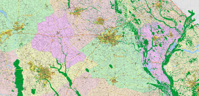 _South Carolina US Vector Map exact extra High Detailed: all Streets Roads Counties and Zipcodes fully editable Adobe Illustrator