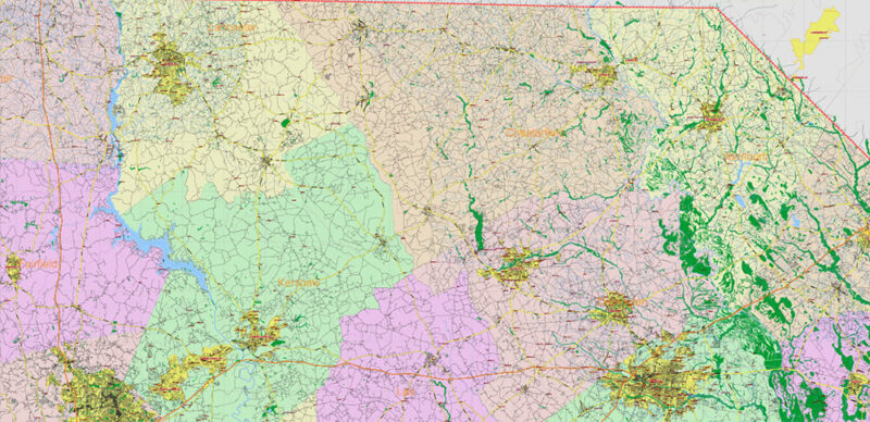 _South Carolina US Vector Map exact extra High Detailed: all Streets Roads Counties and Zipcodes fully editable Adobe Illustrator