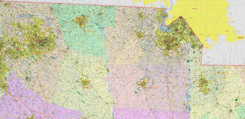 _South Carolina US Vector Map exact extra High Detailed: all Streets Roads Counties and Zipcodes fully editable Adobe Illustrator